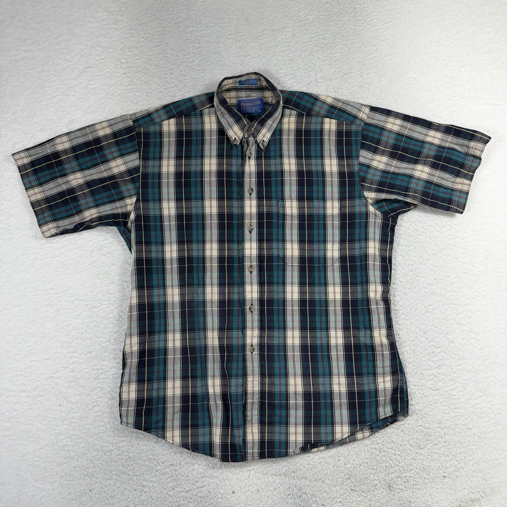 Vintage Pendleton Mens Short Sleeve Button Up Shirt Green Plaid Sz Med Cotton